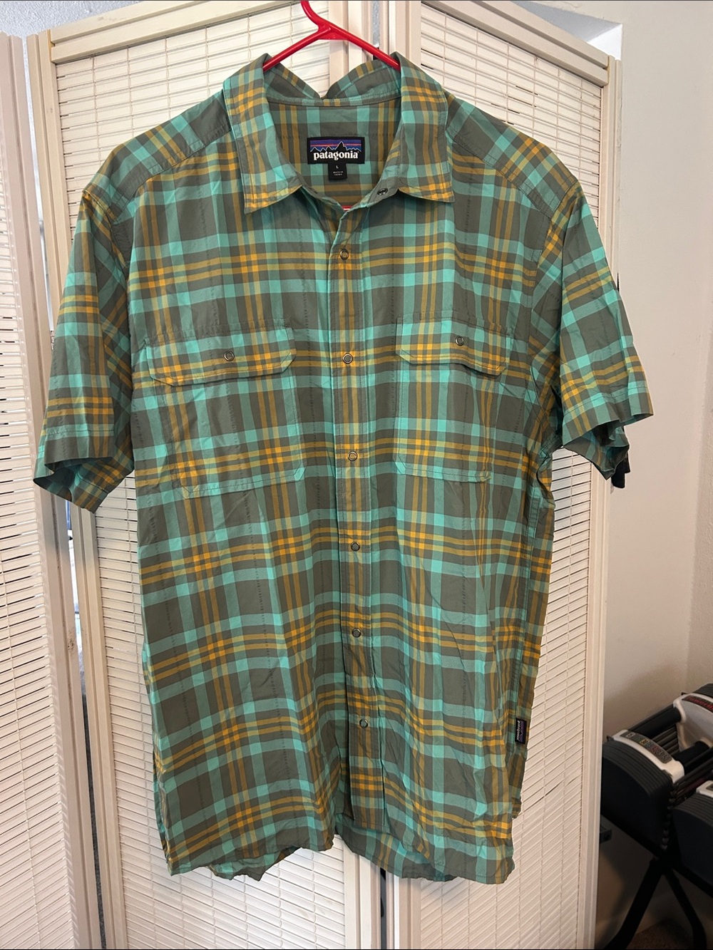 Patagonia Short-Sleeve Plaid Button-Up in Green and Teal